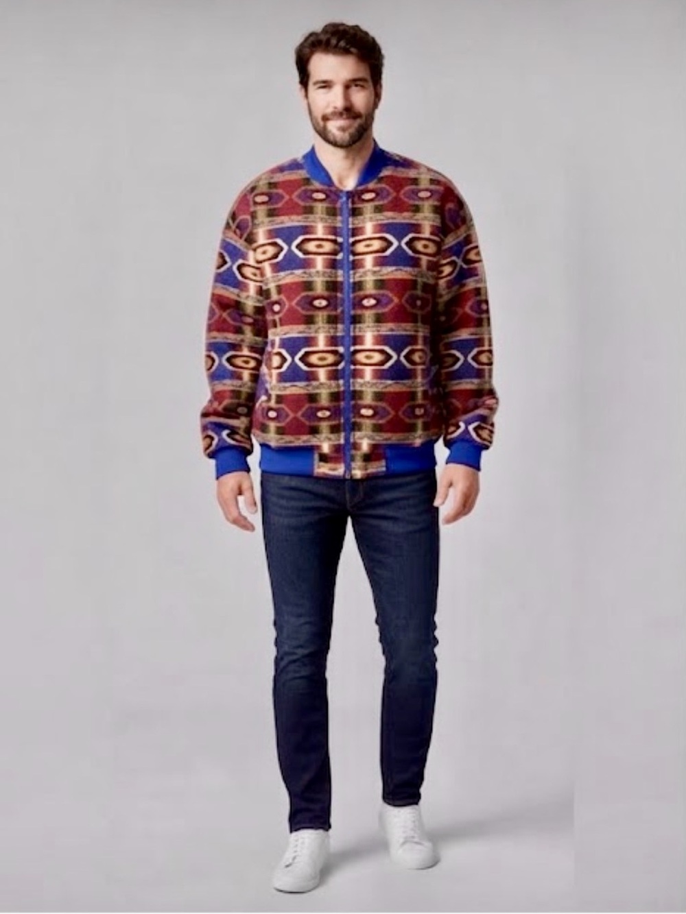 VTG Silk Club Southwestern Aztec Print Bomber Jacket Unisex Boho Retro Festival